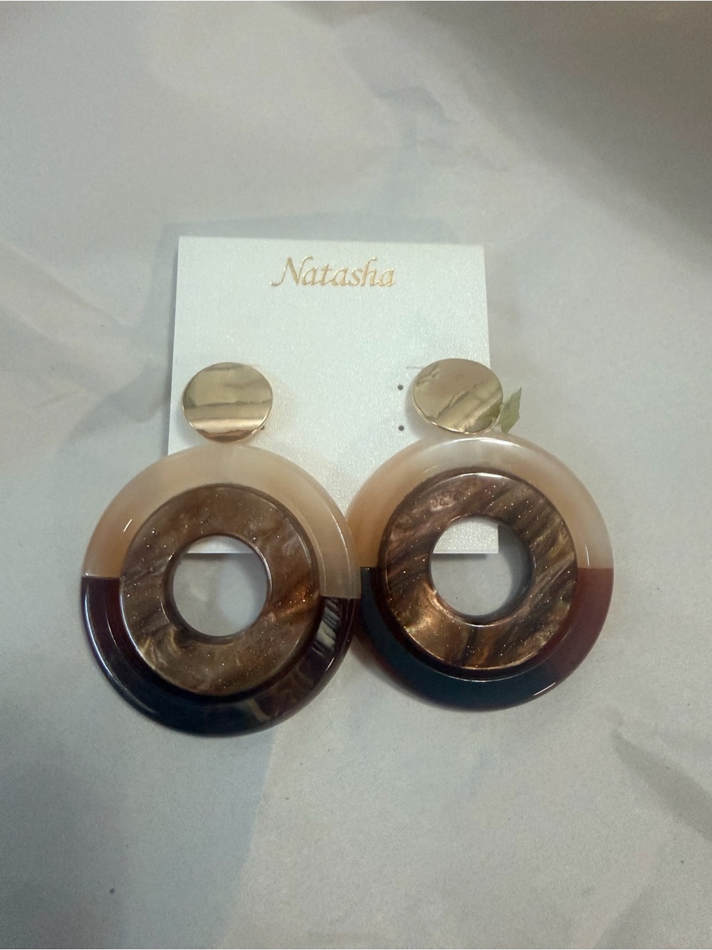 Natasha Couture Beige and Brown Layered Hoop Drop Earrings
